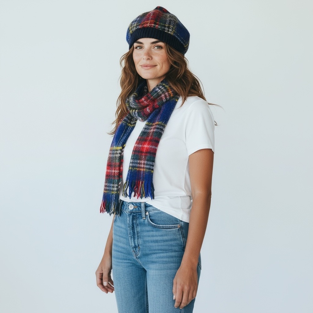 Handcrafted in Scotland Plaid Wool Scarf and Beret